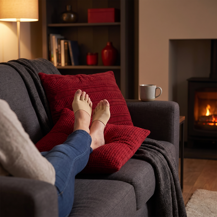 Evening relaxation at home wearing PHYSIOATHLETX toe separator sock