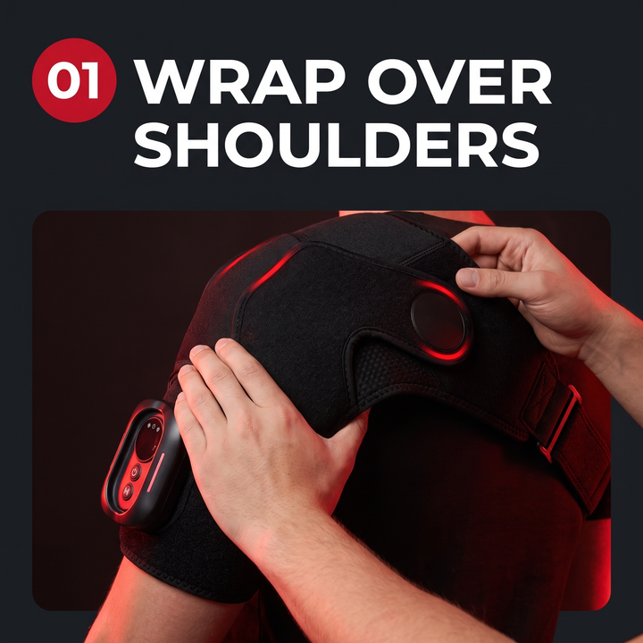 Professional Vibration Shoulder Massage Belt with Heat Therapy Adjustable LED Heating Shawl Wrap for Neck Shoulder Back Muscle Recovery Home Use - Step 1 Wrap Over Shoulders