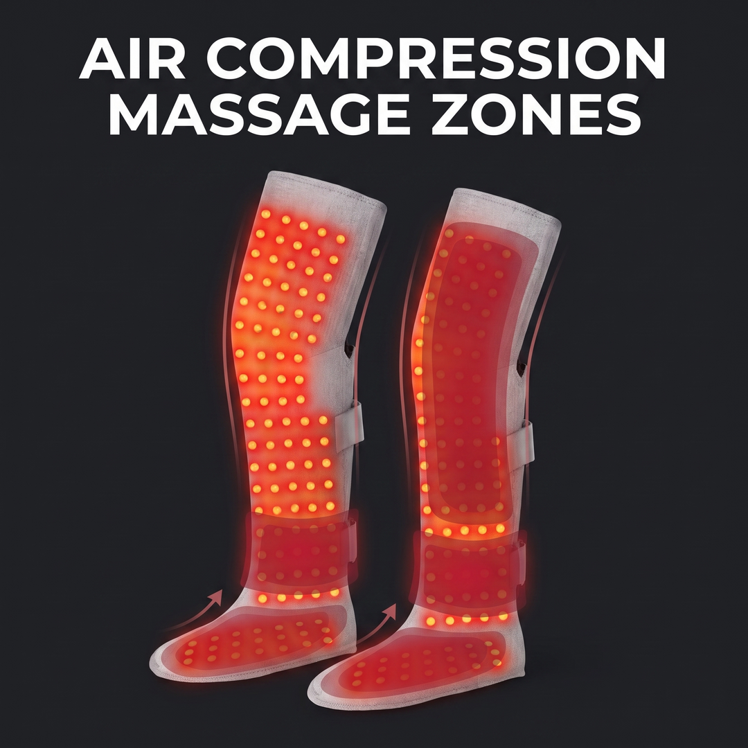 Professional Heated Red Light Leg Massager Boots Full Leg Compression Massager with Heat Muscle Relaxation Joint Comfort Fatigue Relief Home Recovery — Air Compression Massage Zones