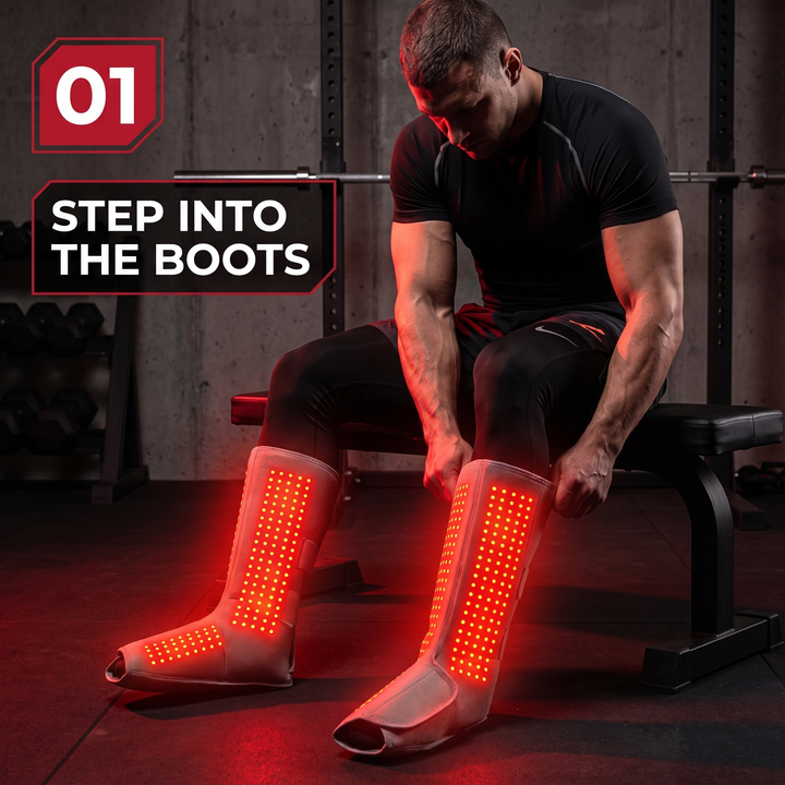Professional Heated Red Light Leg Massager Boots Full Leg Compression Massager with Heat Muscle Relaxation Joint Comfort Fatigue Relief Home Recovery — How It Works Step 1