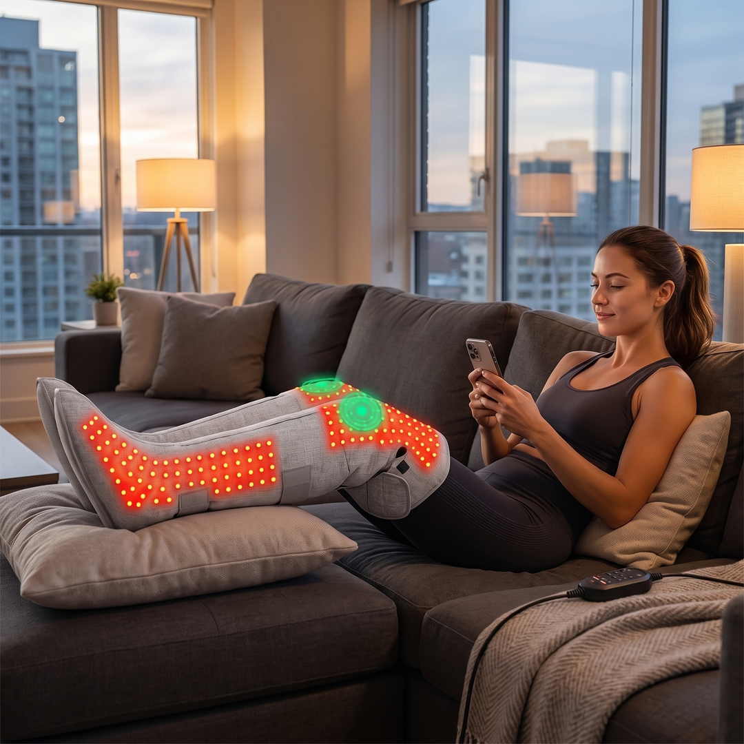 Professional Heated Red Light Leg Massager Boots Full Leg Compression Massager with Heat Muscle Relaxation Joint Comfort Fatigue Relief Home Recovery — Post-Workout Couch Recovery Lifestyle