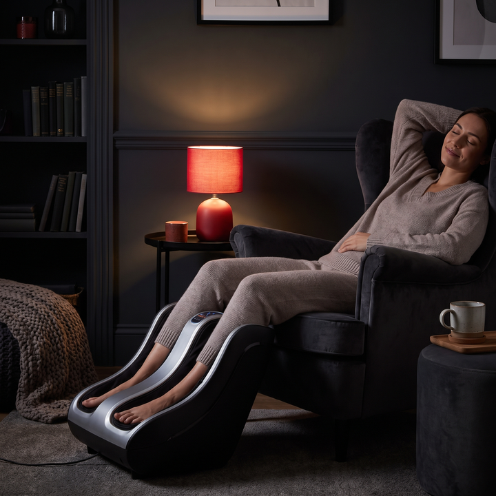 Professional Electric Foot and Calf Massager Shiatsu Kneading Heated Roller Deep Tissue Leg Massager for Stress Relief Relaxation Home Use Recovery - lifestyle evening relaxation