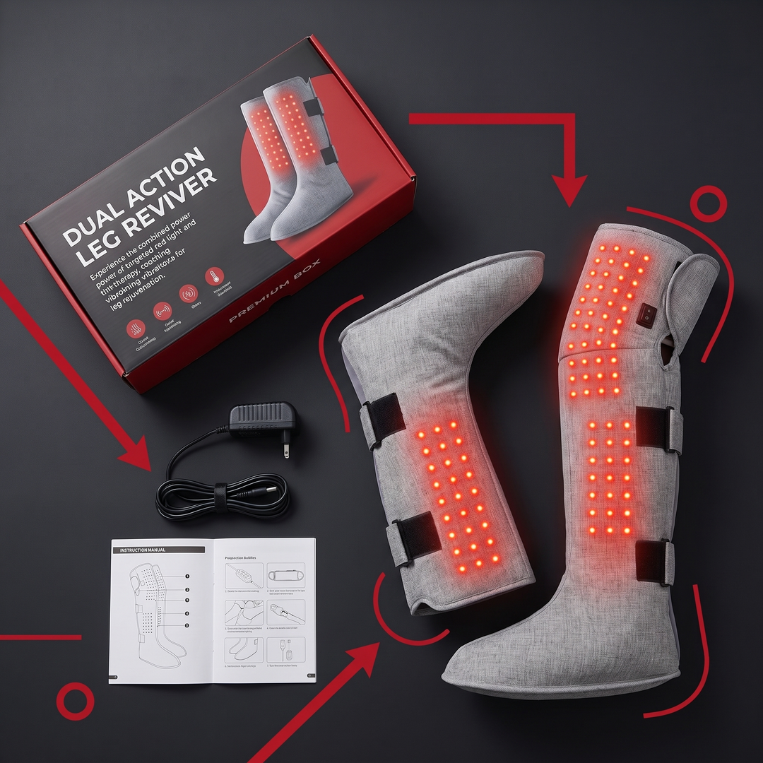 Professional Heated Red Light Leg Massager Boots Full Leg Compression Massager with Heat Muscle Relaxation Joint Comfort Fatigue Relief Home Recovery — Packaging Flat Lay