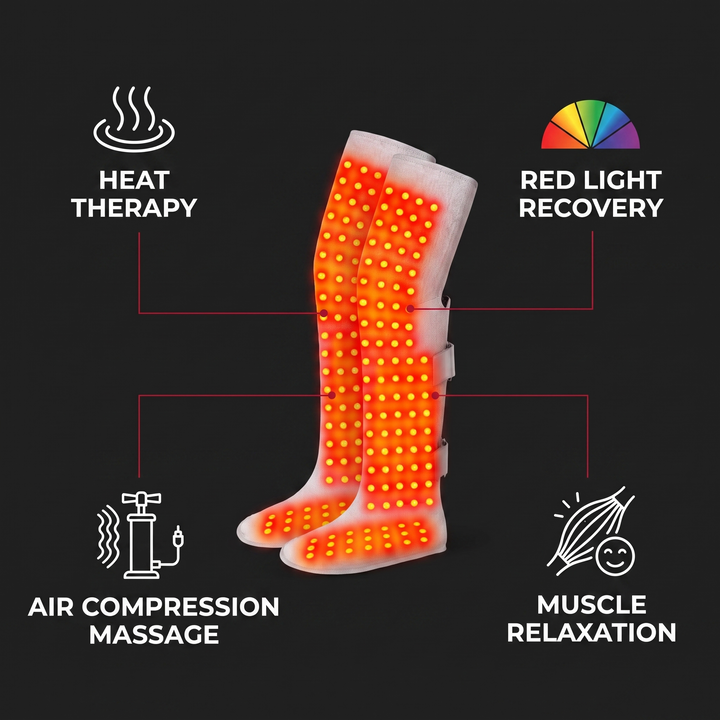Professional Heated Red Light Leg Massager Boots Full Leg Compression Massager with Heat Muscle Relaxation Joint Comfort Fatigue Relief Home Recovery — Benefits Infographic
