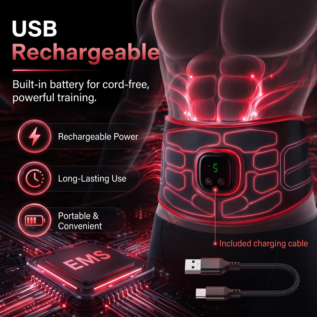 Professional EMS Core Trainer Belt Muscle Stimulator Abdominal Toning Belt 9 Intensity Levels USB Rechargeable No Gel Required Home Fitness Recovery - USB Rechargeable Design