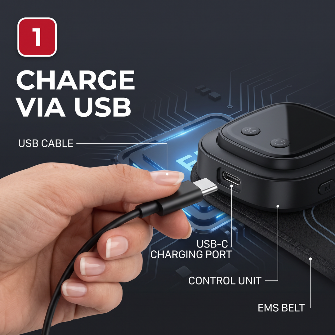 Professional EMS Core Trainer Belt Muscle Stimulator Abdominal Toning Belt 9 Intensity Levels USB Rechargeable No Gel Required Home Fitness Recovery - How It Works Step 1 Charge via USB