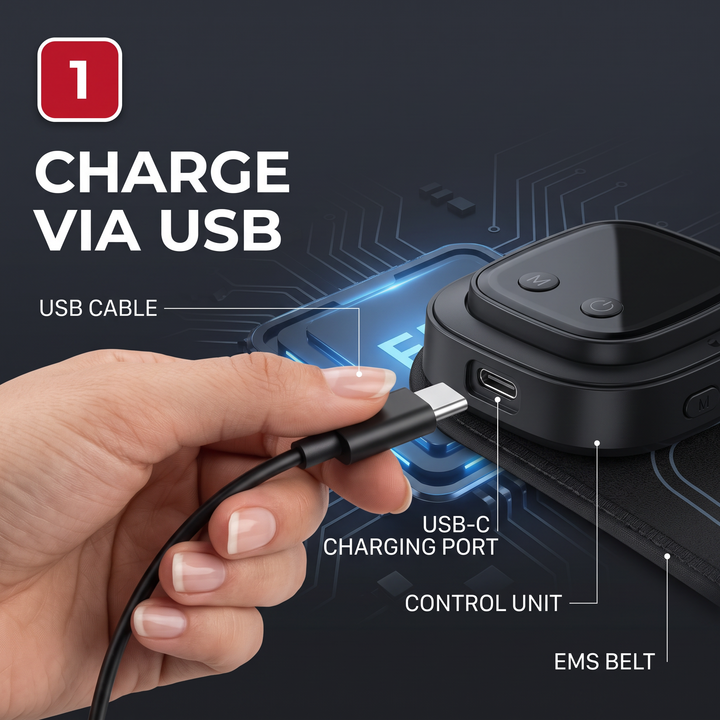 Professional EMS Core Trainer Belt Muscle Stimulator Abdominal Toning Belt 9 Intensity Levels USB Rechargeable No Gel Required Home Fitness Recovery - How It Works Step 1 Charge via USB