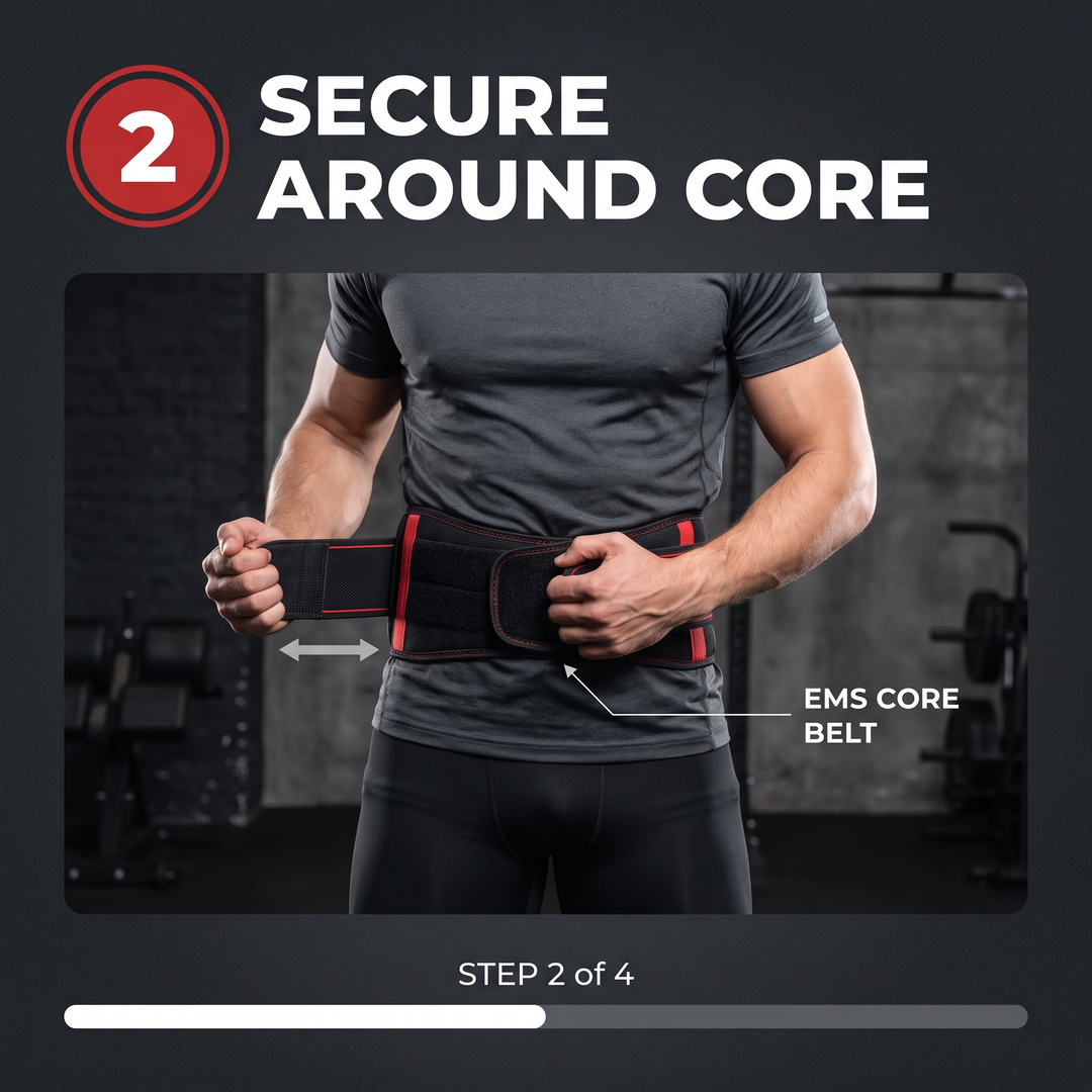 Professional EMS Core Trainer Belt Muscle Stimulator Abdominal Toning Belt 9 Intensity Levels USB Rechargeable No Gel Required Home Fitness Recovery - How It Works Step 2 Secure Around Core