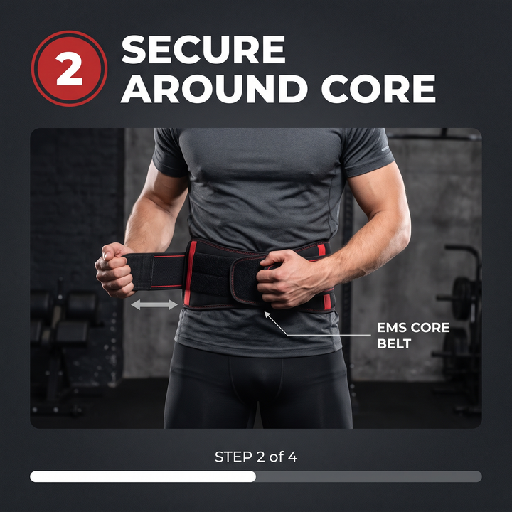 Professional EMS Core Trainer Belt Muscle Stimulator Abdominal Toning Belt 9 Intensity Levels USB Rechargeable No Gel Required Home Fitness Recovery - How It Works Step 2 Secure Around Core
