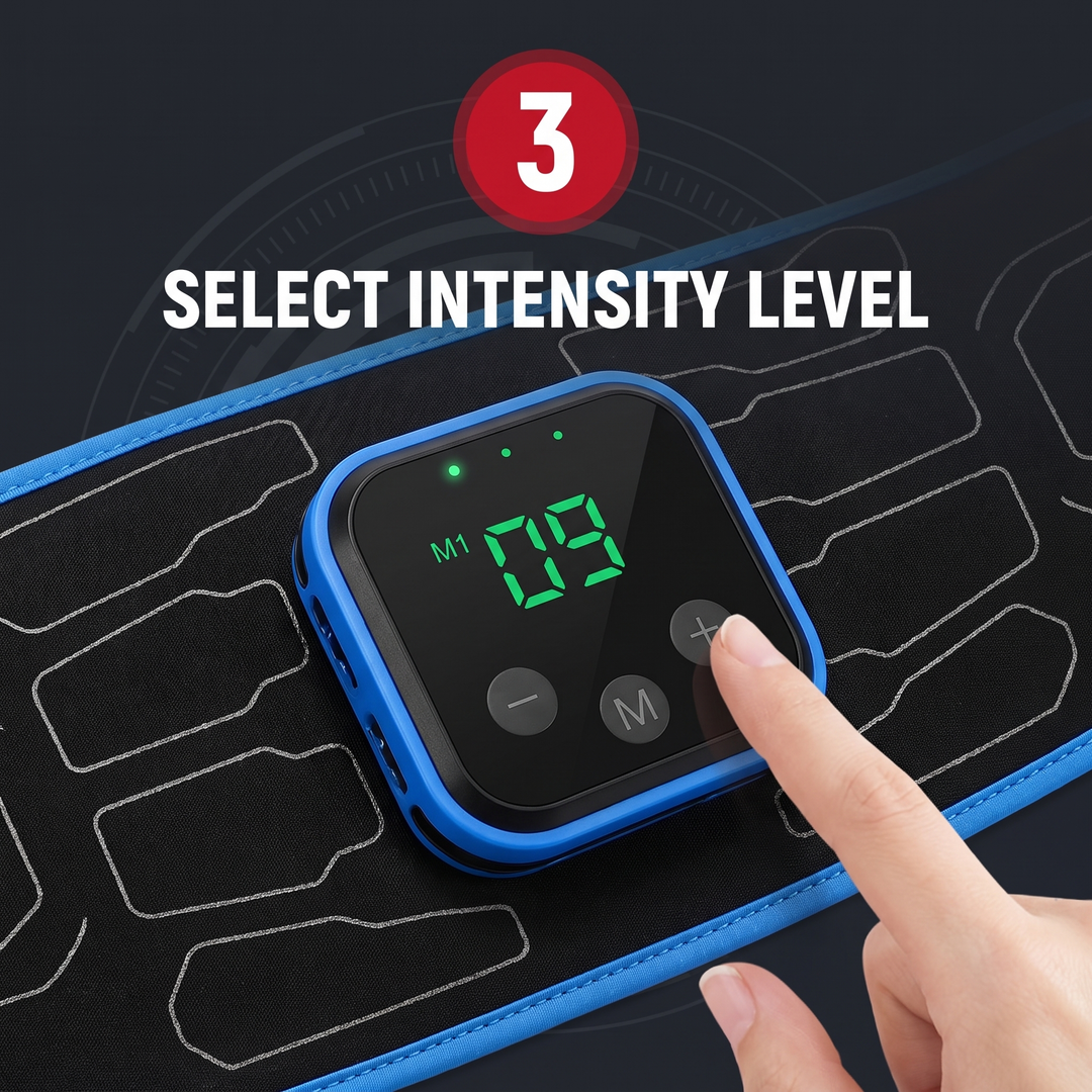 Professional EMS Core Trainer Belt Muscle Stimulator Abdominal Toning Belt 9 Intensity Levels USB Rechargeable No Gel Required Home Fitness Recovery - How It Works Step 3 Select Intensity Level