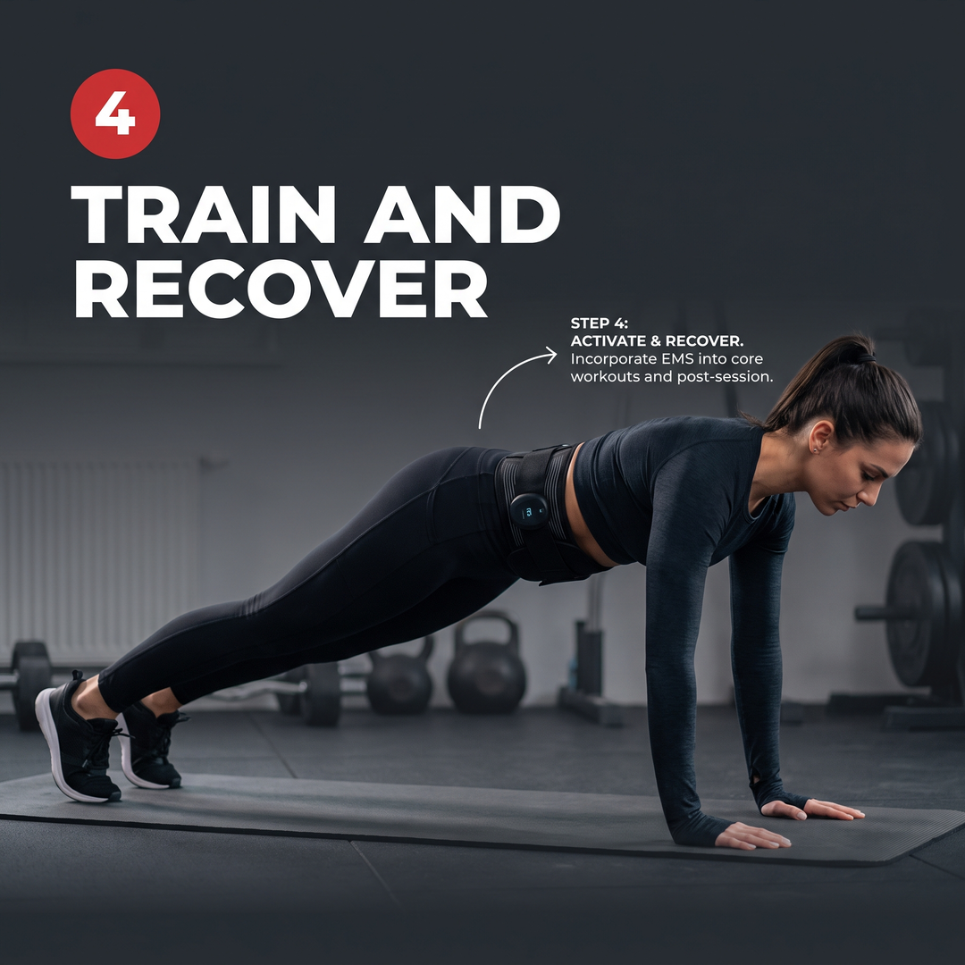 Professional EMS Core Trainer Belt Muscle Stimulator Abdominal Toning Belt 9 Intensity Levels USB Rechargeable No Gel Required Home Fitness Recovery - How It Works Step 4 Train and Recover