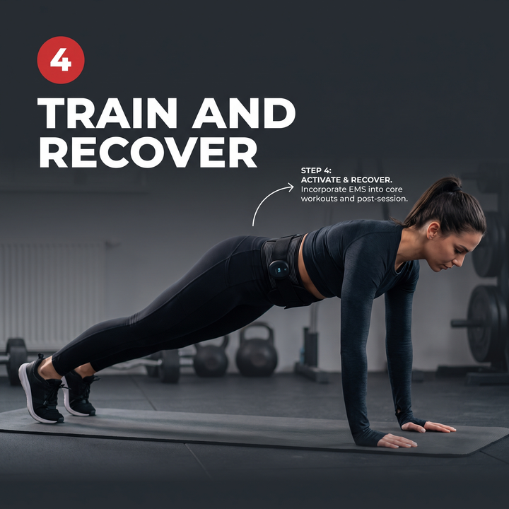 Professional EMS Core Trainer Belt Muscle Stimulator Abdominal Toning Belt 9 Intensity Levels USB Rechargeable No Gel Required Home Fitness Recovery - How It Works Step 4 Train and Recover
