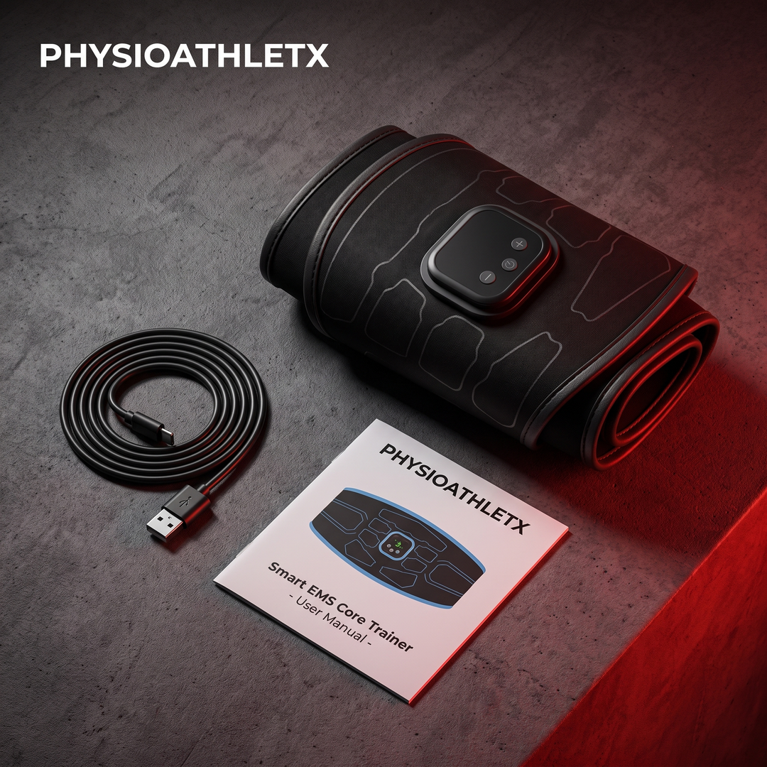 Professional EMS Core Trainer Belt Muscle Stimulator Abdominal Toning Belt 9 Intensity Levels USB Rechargeable No Gel Required Home Fitness Recovery - Packaging Flat Lay