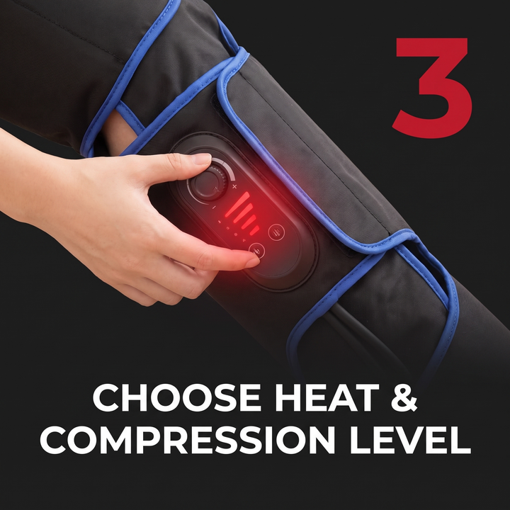 Rechargeable Leg Massager with Heat and Air Compression Adjustable Wrap for Circulation Support Muscle Recovery and Pain Relief Home Use - How It Works Step 3 Choose Heat and Compression Level