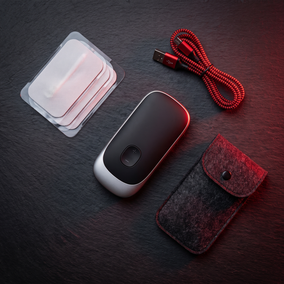 Professional TENS EMS Unit Muscle Stimulator Electric Pulse Massager Digital Pain Relief Device Body Massage Home Use Recovery - Accessories Flat Lay
