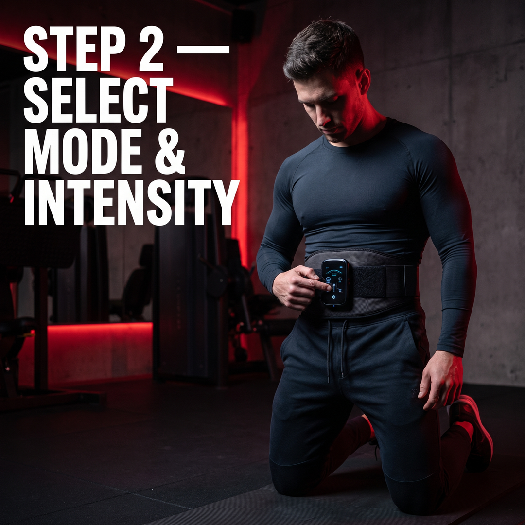 Professional EMS Muscle Stimulator Belt Abdominal Toning Training Belt Electric Body Massager Muscle Relaxation Fitness Recovery Waist Toning for Home Gym Workout | How It Works Step 2 Select Mode &amp; Intensity