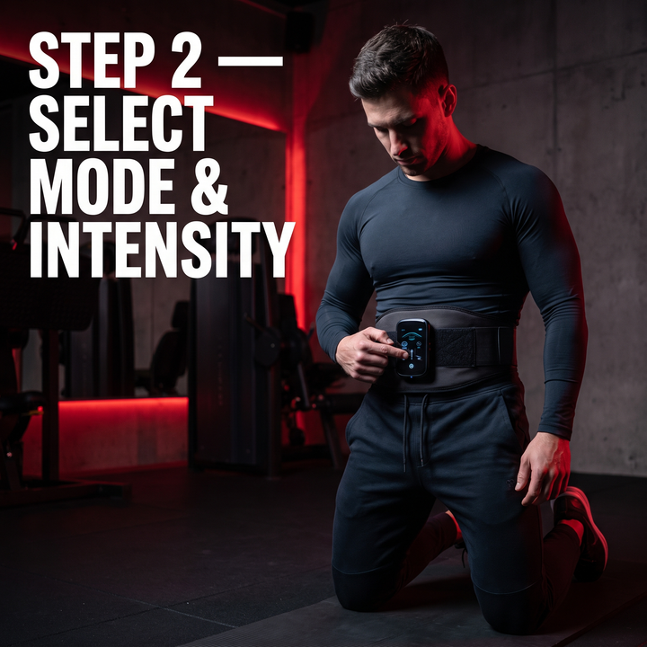 Professional EMS Muscle Stimulator Belt Abdominal Toning Training Belt Electric Body Massager Muscle Relaxation Fitness Recovery Waist Toning for Home Gym Workout | How It Works Step 2 Select Mode &amp; Intensity