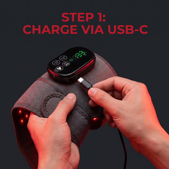 Cordless Heated Knee Wrap with Red Light Therapy 4 Temperature Settings Timer USB-C Rechargeable 5000mAh Knee Brace for Shoulder Elbow Home Use Recovery - How It Works Step 1 Charge via USB-C