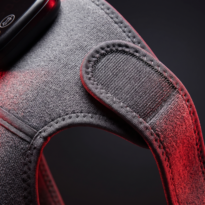 Cordless Heated Knee Wrap with Red Light Therapy 4 Temperature Settings Timer USB-C Rechargeable 5000mAh Knee Brace for Shoulder Elbow Home Use Recovery - Fabric Texture and Strap Detail