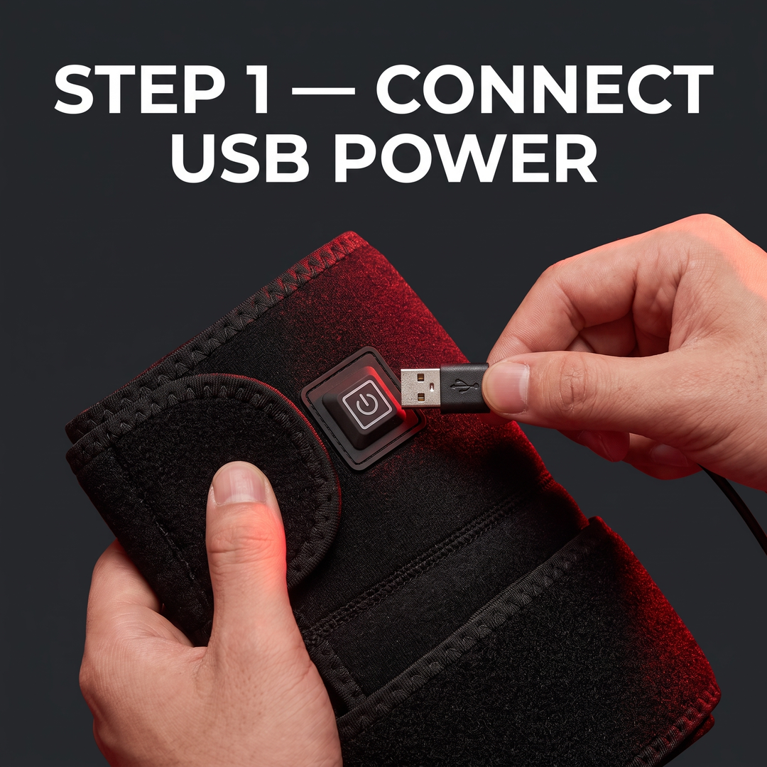 Electric Heated Knee Wrap USB Powered Knee Heating Pad Adjustable Warming Strap Joint Support Brace for Home Recovery Daily Use – How To Use Step 1 Connect USB Power