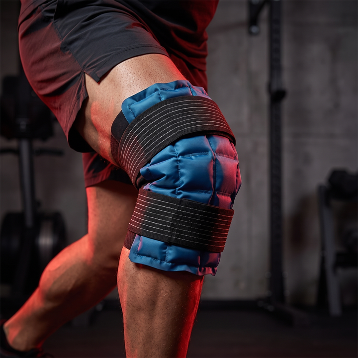Adjustable Knee Ice Pack Wrap Hot Cold Compress Reusable Gel-Free Ice Pack with Elastic Strap for Shoulder Back Neck Ankle Recovery — Hero Shot on Knee