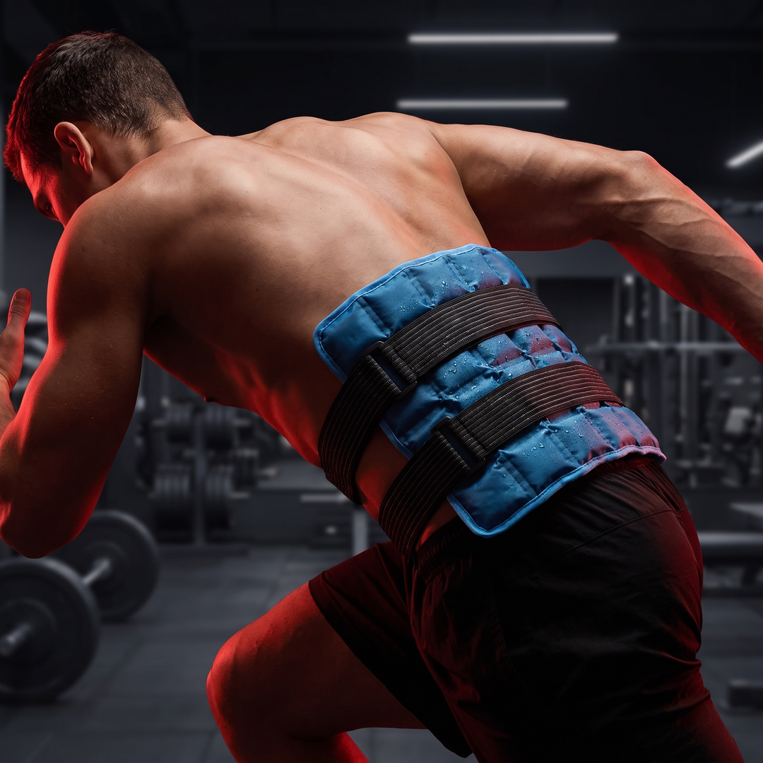 Adjustable Knee Ice Pack Wrap Hot Cold Compress Reusable Gel-Free Ice Pack with Elastic Strap for Shoulder Back Neck Ankle Recovery — Hero Shot on Back