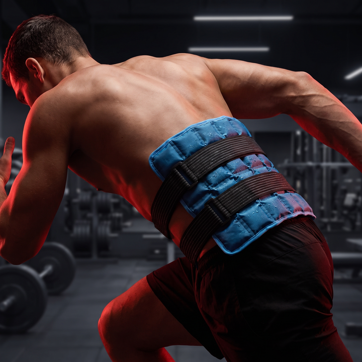Adjustable Knee Ice Pack Wrap Hot Cold Compress Reusable Gel-Free Ice Pack with Elastic Strap for Shoulder Back Neck Ankle Recovery — Hero Shot on Back