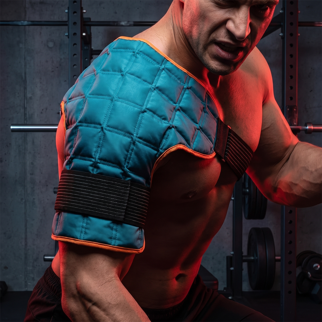 Adjustable Knee Ice Pack Wrap Hot Cold Compress Reusable Gel-Free Ice Pack with Elastic Strap for Shoulder Back Neck Ankle Recovery — Hero Shot on Shoulder and Neck