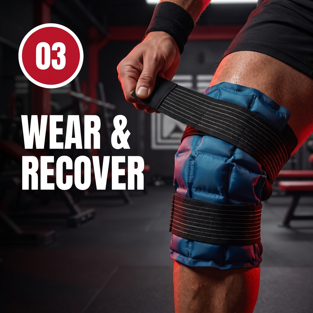 Adjustable Knee Ice Pack Wrap Hot Cold Compress Reusable Gel-Free Ice Pack with Elastic Strap for Shoulder Back Neck Ankle Recovery — How To Use Step 3 Wear and Recover