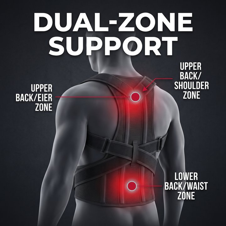 Adjustable Back Brace Posture Corrector for Men and Women Full Back Support Upper Lower Back Shoulder Straightener Posture Support Brace - Dual-Zone Support Diagram