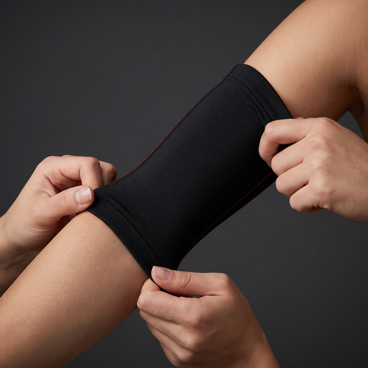 Professional Elbow Brace Compression Sleeve - putting on the compression sleeve