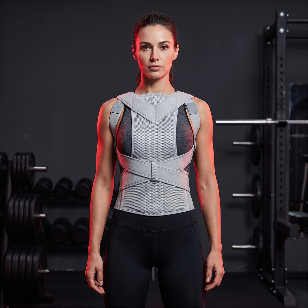 Adjustable Posture Corrector Full Back Brace Shoulder Straightener Support Brace for Men and Women Posture Improvement Back Relief Home and Office Use - Light Grey Front View