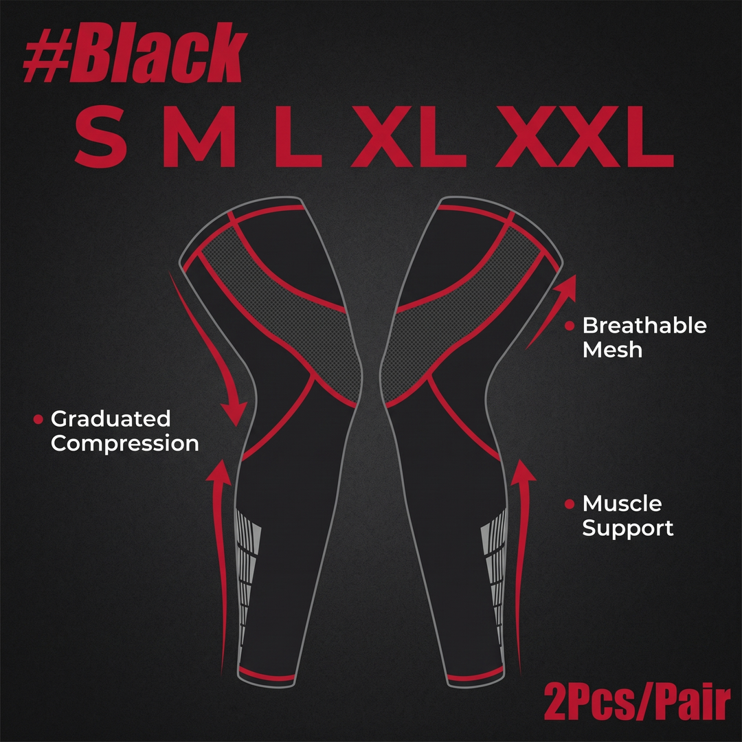 Professional Full Leg Compression Sleeves UV Protection Anti-Slip Long Knee Sleeves for Sports Recovery Circulation Support Pair - Size Chart Infographic