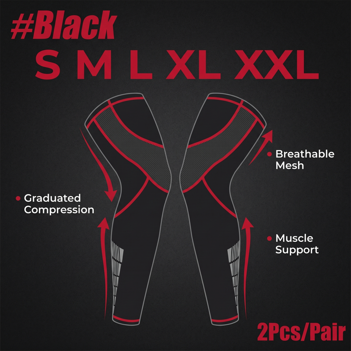 Professional Full Leg Compression Sleeves UV Protection Anti-Slip Long Knee Sleeves for Sports Recovery Circulation Support Pair - Size Chart Infographic