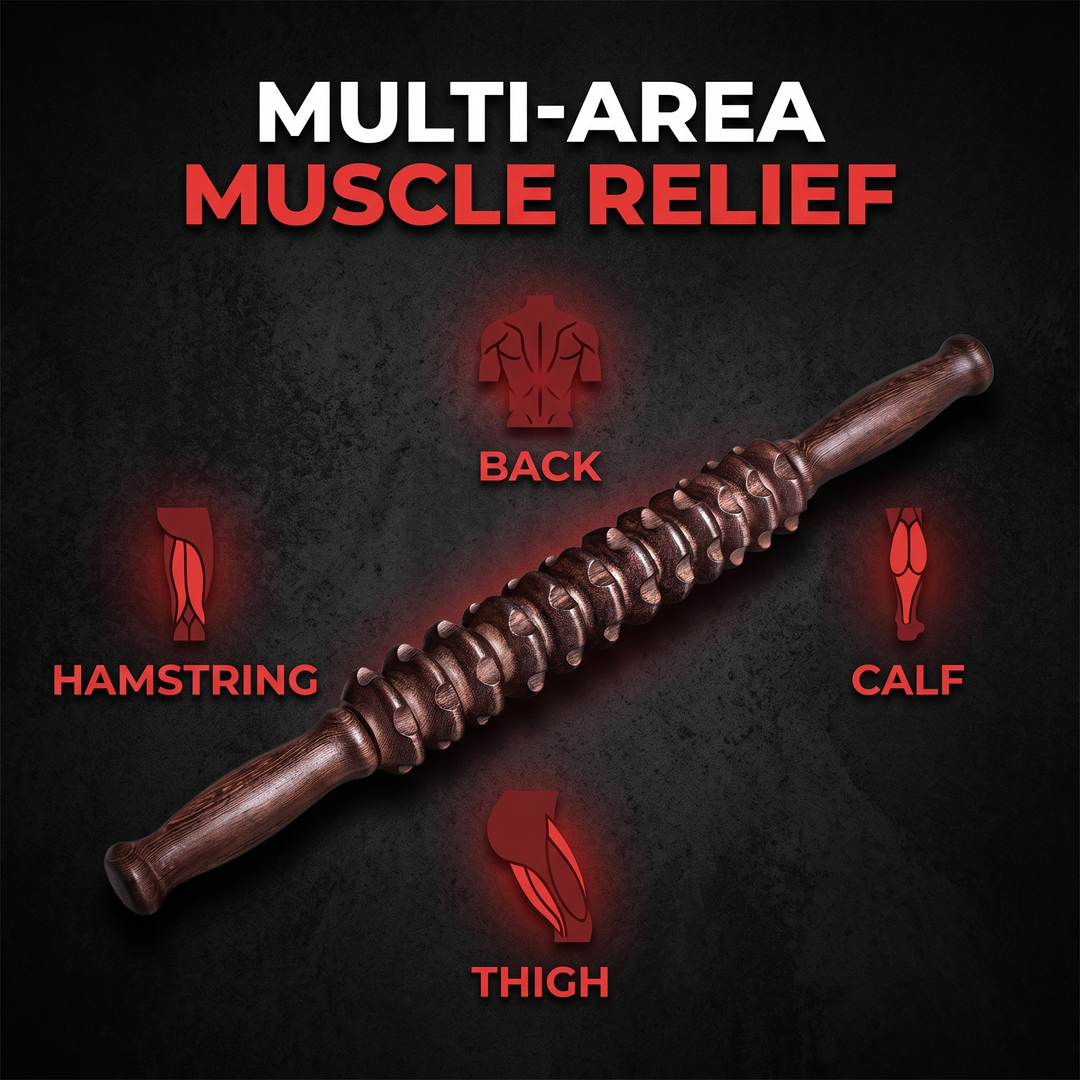 Professional Wooden Muscle Roller Stick with Trigger Point Massage for Back Leg Muscle Soreness Relief Recovery Tool Home Gym - Multi-Area Muscle Relief Infographic