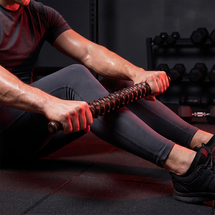 Professional Wooden Muscle Roller Stick with Trigger Point Massage for Back Leg Muscle Soreness Relief Recovery Tool Home Gym - Calf Muscle Rolling Demonstration