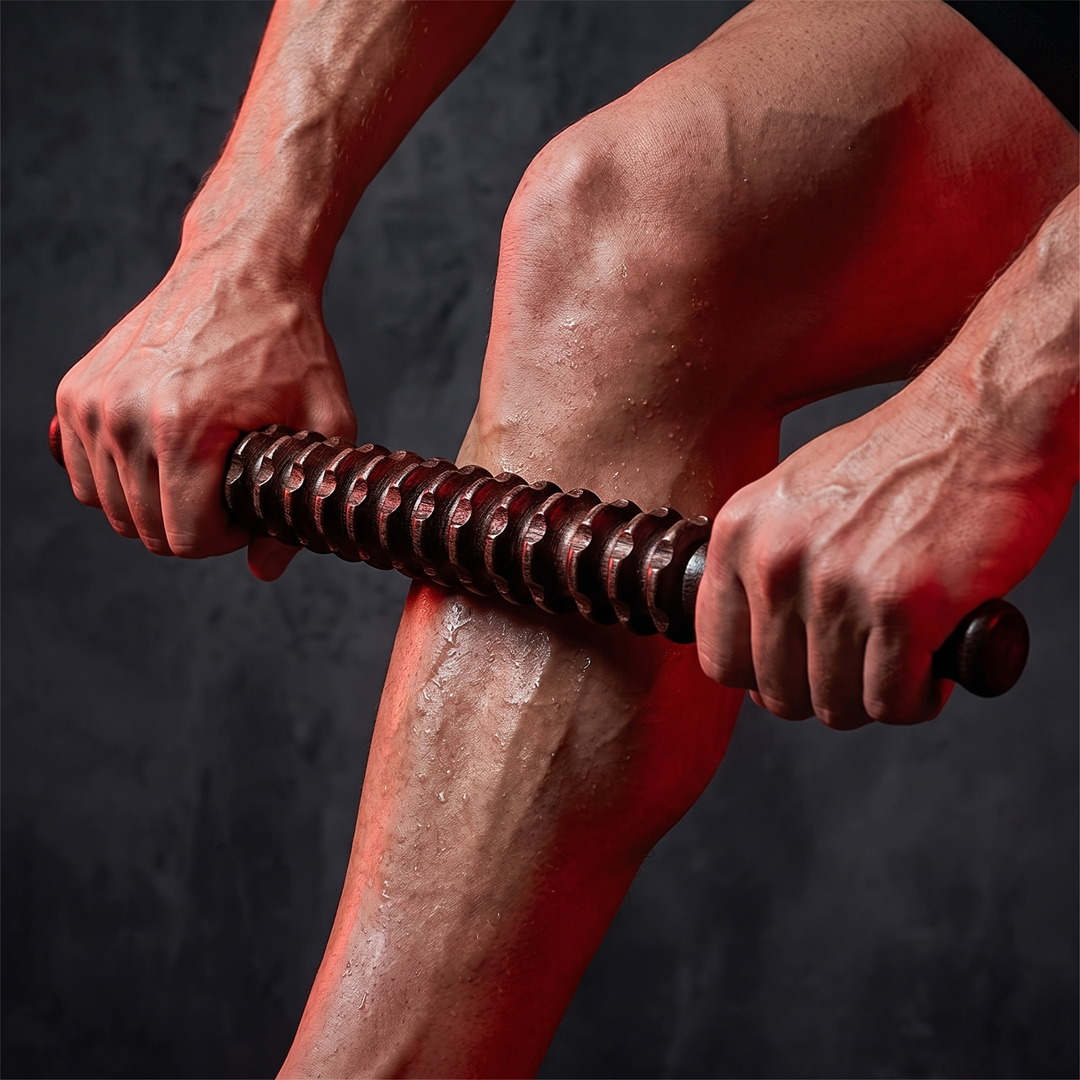 Professional Wooden Muscle Roller Stick with Trigger Point Massage for Back Leg Muscle Soreness Relief Recovery Tool Home Gym - Close-Up Calf Rolling Technique