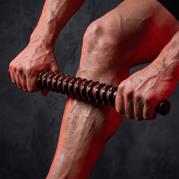 Professional Wooden Muscle Roller Stick with Trigger Point Massage for Back Leg Muscle Soreness Relief Recovery Tool Home Gym - Close-Up Calf Rolling Technique
