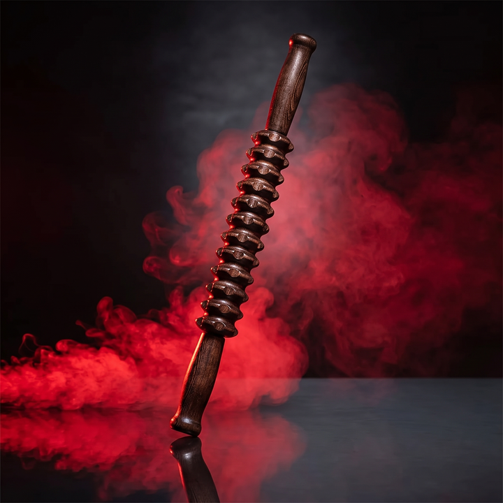 Professional Wooden Muscle Roller Stick with Trigger Point Massage for Back Leg Muscle Soreness Relief Recovery Tool Home Gym - Hero Shot Upright Cinematic