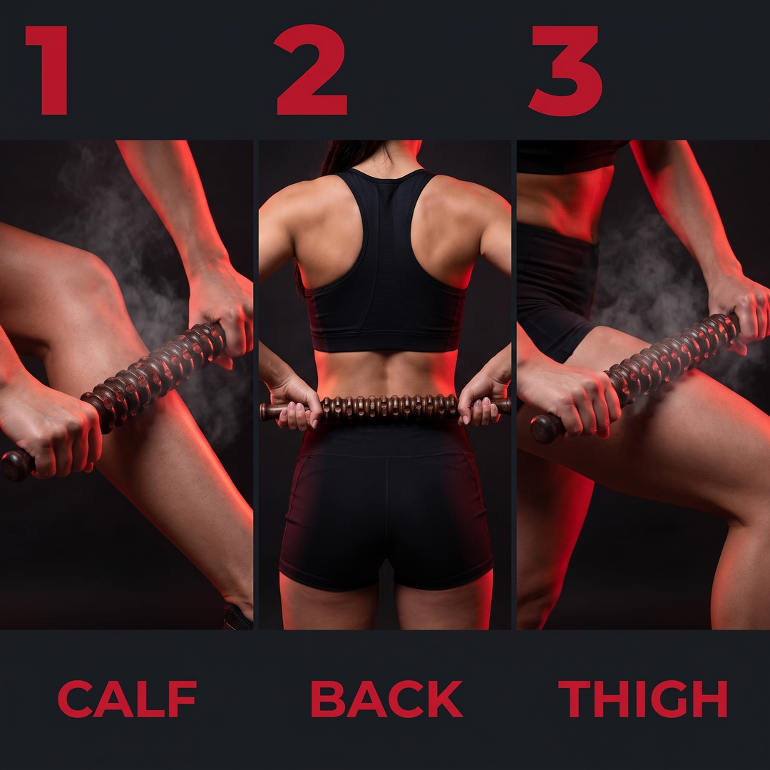 Professional Wooden Muscle Roller Stick with Trigger Point Massage for Back Leg Muscle Soreness Relief Recovery Tool Home Gym - Three Step How To Use Guide
