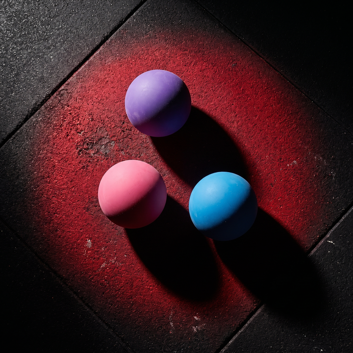 Professional Massage Lacrosse Ball - Purple Pink Blue Flat Lay