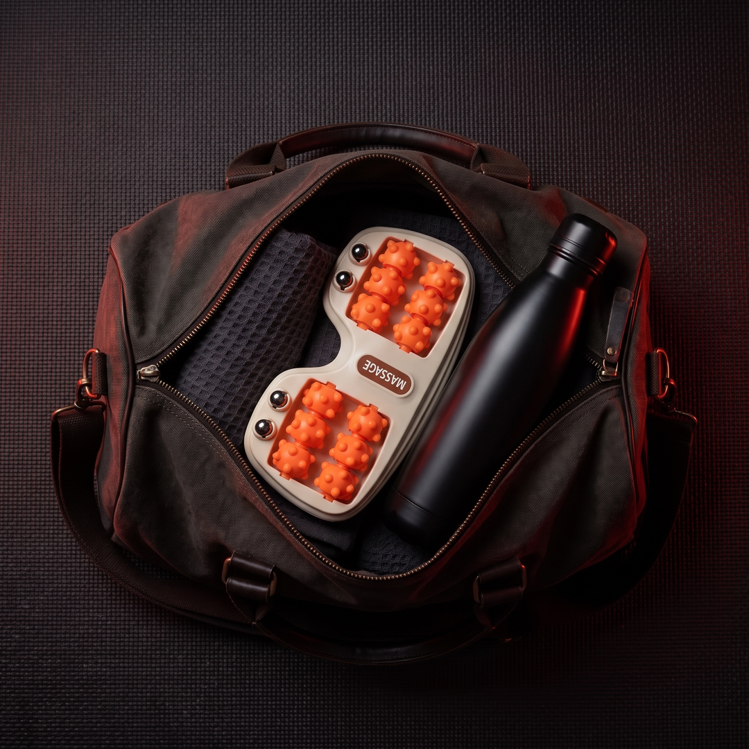 PHYSIOATHLETX Ergonomic Foot Massage Roller - orange - packed in gym bag for travel recovery use
