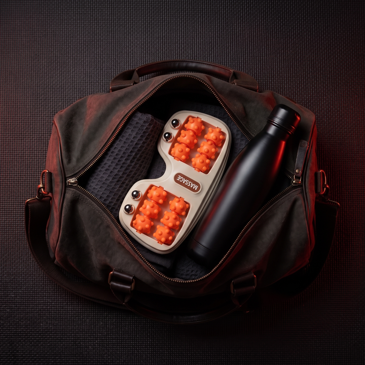 PHYSIOATHLETX Ergonomic Foot Massage Roller - orange - packed in gym bag for travel recovery use