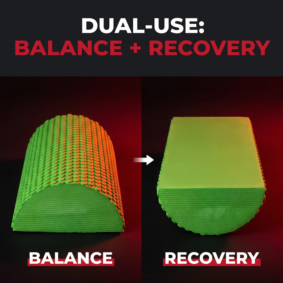 PHYSIOATHLETX Half Round Foam Roller - Green - Dual-Use Balance and Recovery Infographic