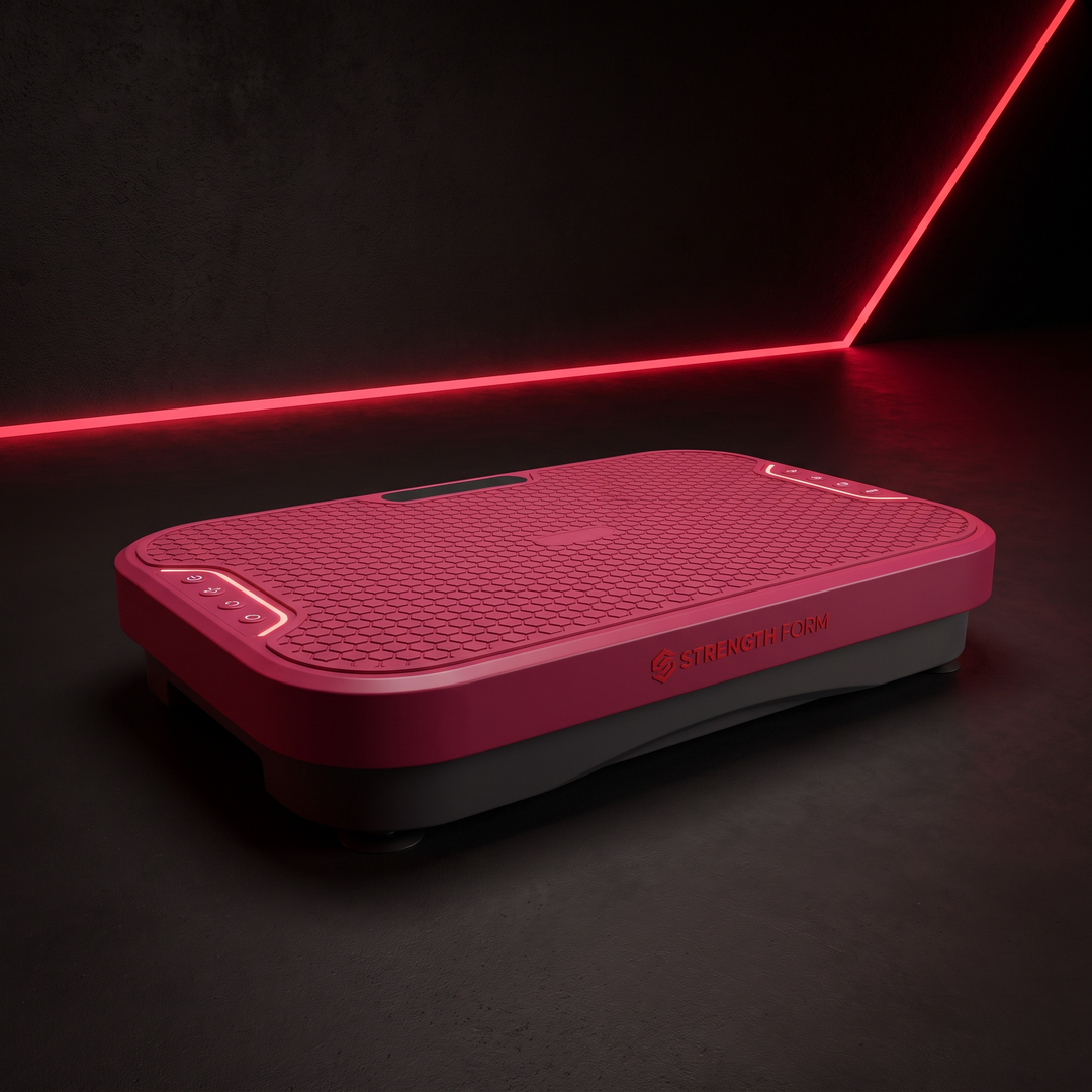 Pink vibration plate machine, angled view showing non-slip platform and side controls