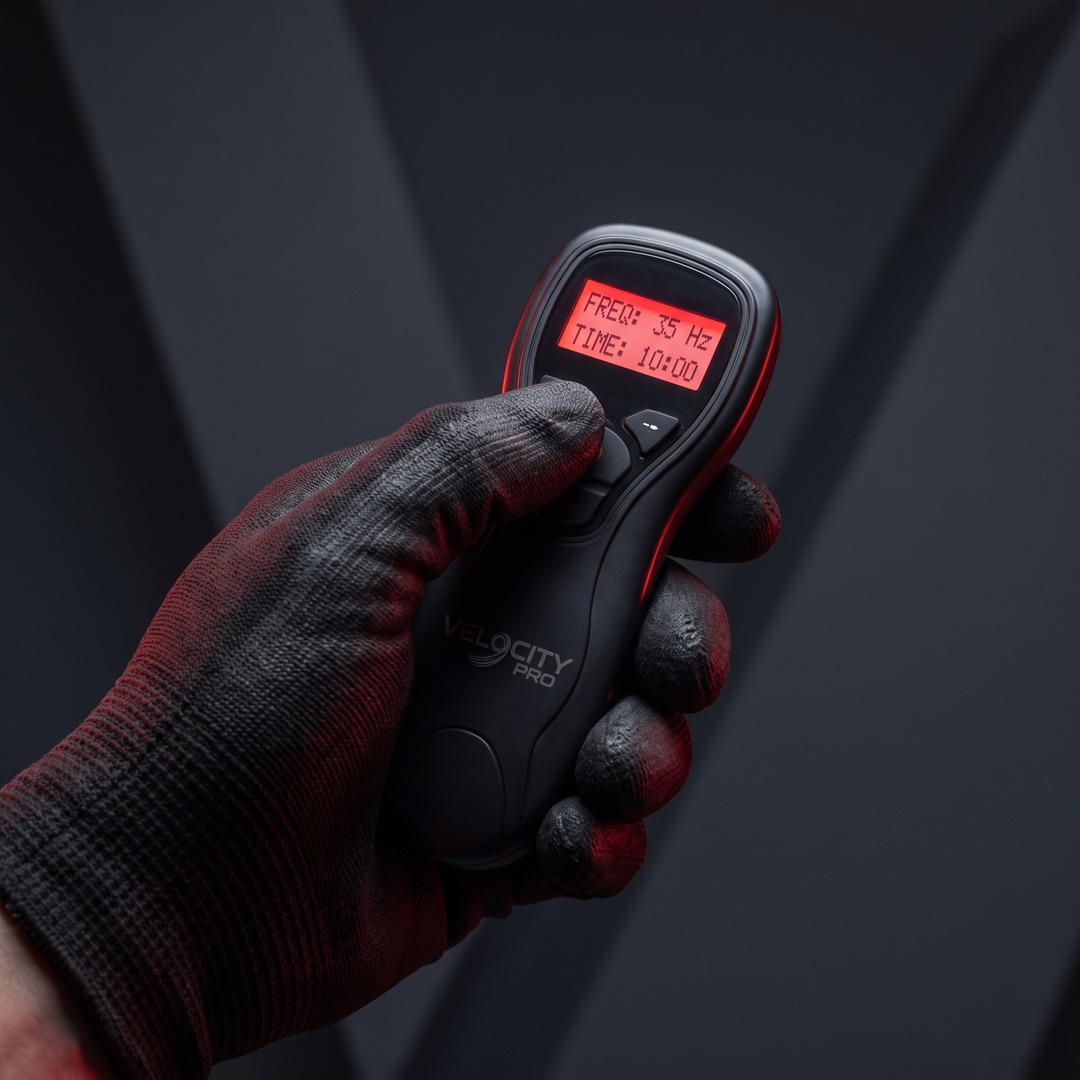 Wireless remote control for the vibration plate, showing frequency and time settings