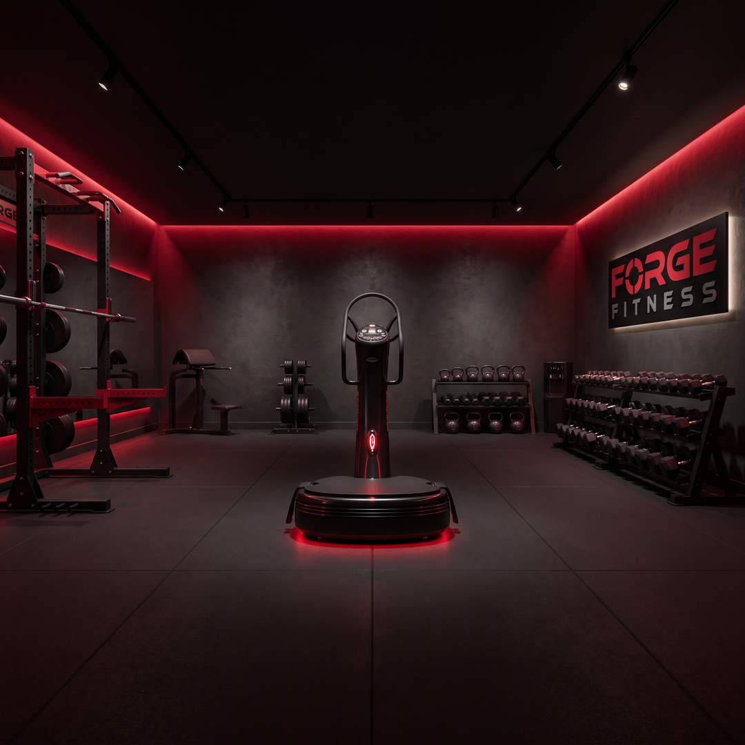 Black vibration plate machine set up in a premium dark home gym for full body vibration training