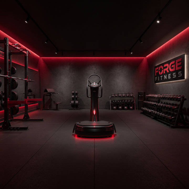 Black vibration plate machine set up in a premium dark home gym for full body vibration training