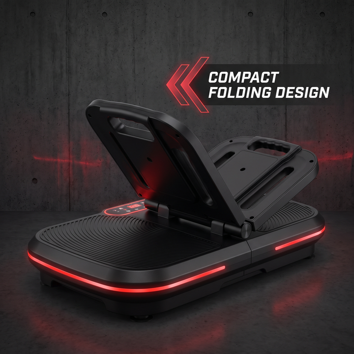Vibration plate machine shown in its compact, portable folded design