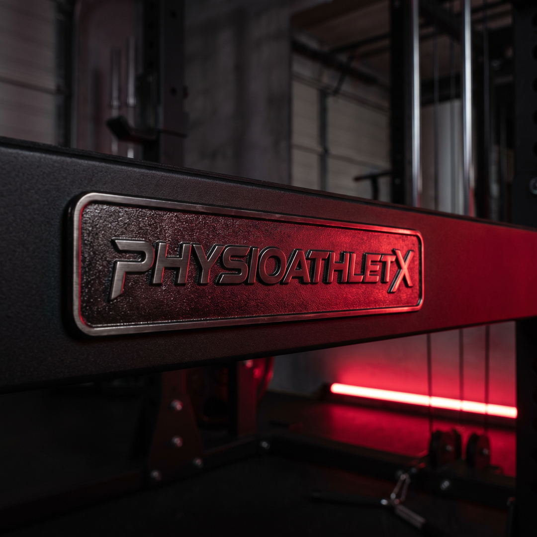 PHYSIOATHLETX logo badge detail on the vibration plate machine